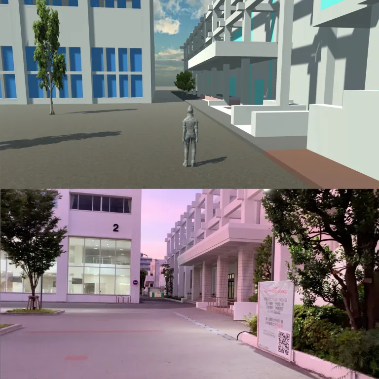 メタバーシティの3D画像（上）と実際のキャンパス写真（下）