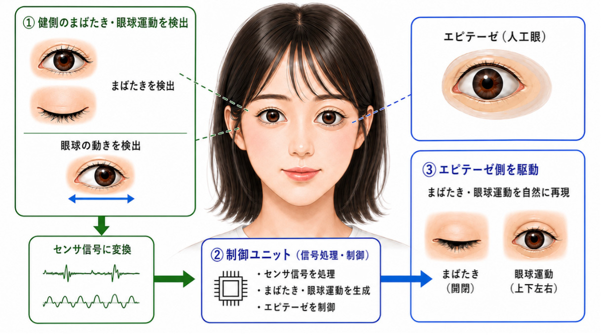 眼窩エピテーゼに自然なまばたきと眼球運動を
